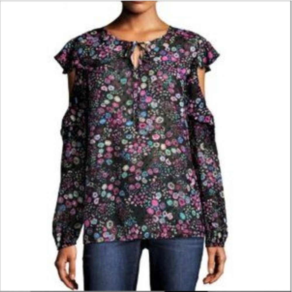 Libby Edelman Floral Ruffle Blouse Womens M New Long Sleeve Cold-Shoulder